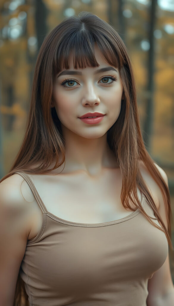 high detailed and realistic (upper body portrait) from a breathtakingly beautiful natural busty (girl) her cheerful nature makes you happy, with warm amber eyes and luxuriously thick (light brown detailed long smooth straight hair, bangs), full detailed natural lips, (wears a light brown form-fitting plain tank top that support her perfect body, stands in an autumnal forest)