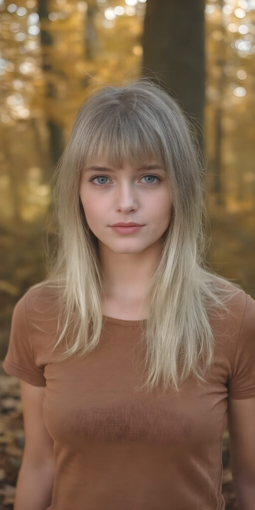high detailed and realistic ((upper body portrait)) from a breathtakingly beautiful natural young (((girl))) her cheerful nature makes you happy, with warm amber eyes and luxuriously thick (((white soft detailed long smooth straight hair, bangs))), full detailed natural lips, ((wears a light brown form-fitting plain thin t-shirt that support her perfect body, stands in an autumnal forest))