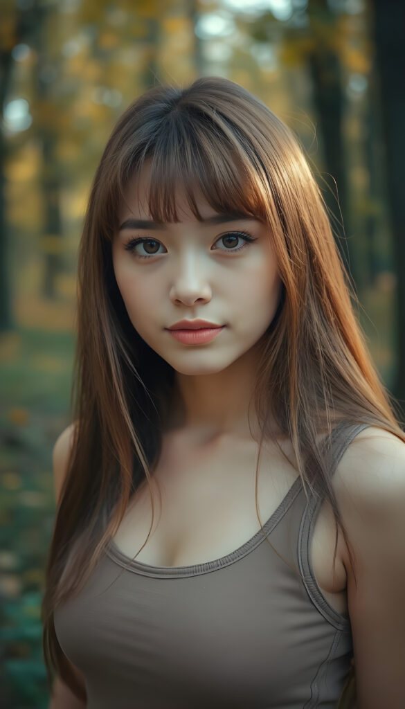 high detailed and realistic (upper body portrait) from a breathtakingly beautiful natural busty (girl) her cheerful nature makes you happy, with warm amber eyes and luxuriously thick (light brown detailed long smooth straight hair, bangs), full detailed natural lips, (wears a light brown form-fitting plain tank top that support her perfect body, stands in an autumnal forest)