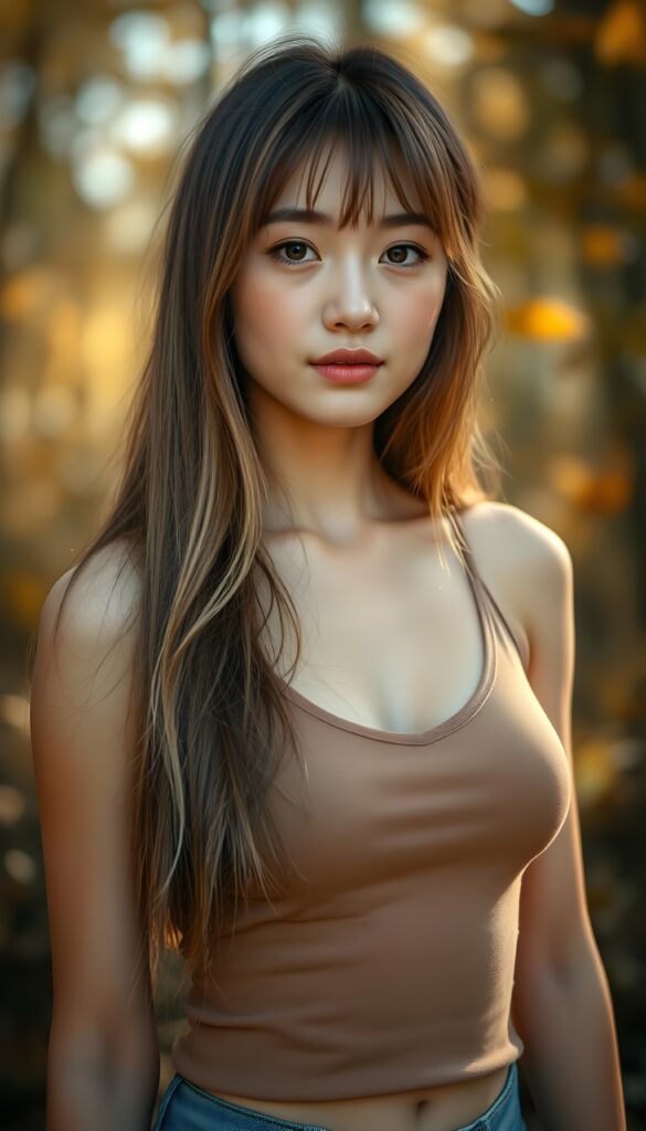high detailed and realistic (upper body portrait) from a breathtakingly beautiful natural (girl) her cheerful nature makes you happy, with warm amber eyes and luxuriously thick (light brown detailed long smooth straight hair, bangs), full detailed natural lips, (wears a light brown form-fitting plain tank top that support her perfect body, stands in an autumnal forest)