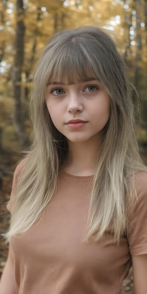 high detailed and realistic ((upper body portrait)) from a breathtakingly beautiful natural young (((girl))) her cheerful nature makes you happy, with warm amber eyes and luxuriously thick (((white soft detailed long smooth straight hair, bangs))), full detailed natural lips, ((wears a light brown form-fitting plain thin t-shirt that support her perfect body, stands in an autumnal forest))