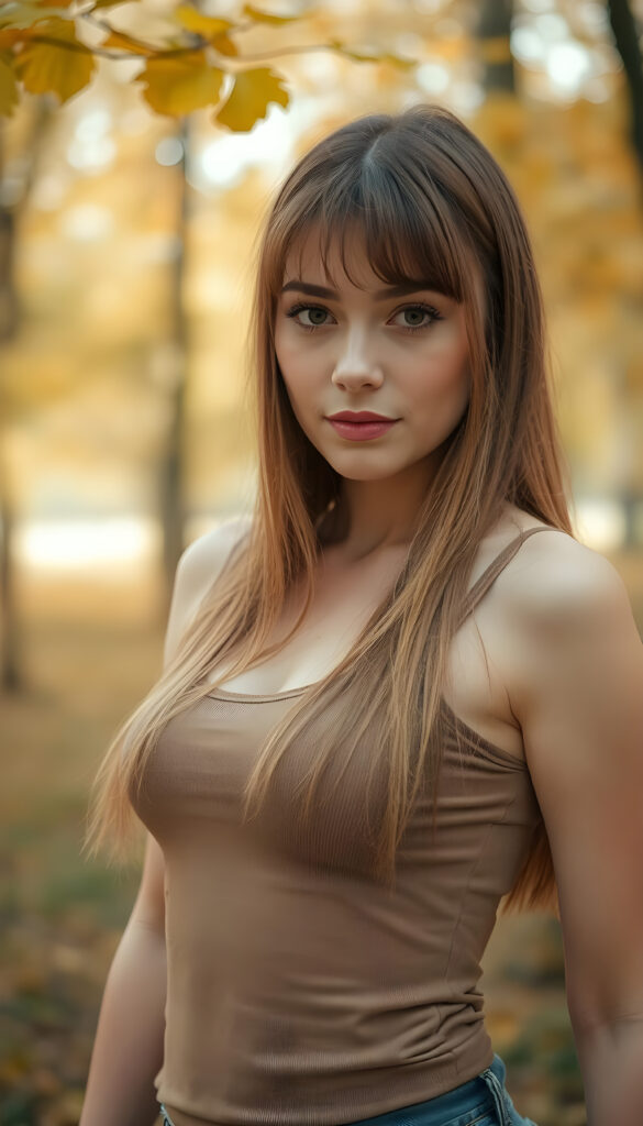 high detailed and realistic (upper body portrait) from a breathtakingly beautiful natural well busty (young girl) her cheerful nature makes you happy, with warm amber eyes and luxuriously thick (light brown detailed long smooth straight hair, bangs), full detailed natural lips, (wears a light brown form-fitting plain tank top that support her perfect body, stands in an autumnal forest), side view