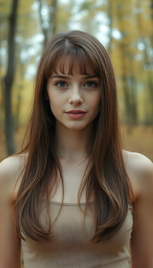 high detailed and realistic (upper body portrait) from a breathtakingly beautiful natural busty (girl) her cheerful nature makes you happy, with warm amber eyes and luxuriously thick (light brown detailed long smooth straight hair, bangs), full detailed natural lips, (wears a light brown form-fitting plain tank top that support her perfect body, stands in an autumnal forest)