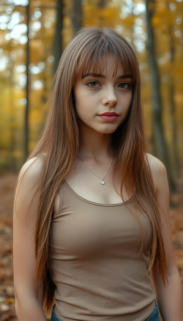 high detailed and realistic (upper body portrait) from a breathtakingly beautiful natural well busty (young girl) her cheerful nature makes you happy, with warm amber eyes and luxuriously thick (light brown detailed long smooth straight hair, bangs), full detailed natural lips, (wears a light brown form-fitting plain tank top that support her perfect body, stands in an autumnal forest), side view