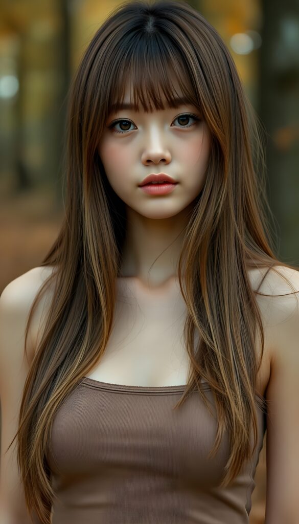 high detailed and realistic (upper body portrait) from a breathtakingly beautiful natural (girl) her cheerful nature makes you happy, with warm amber eyes and luxuriously thick (light brown detailed long smooth straight hair, bangs), full detailed natural lips, (wears a light brown form-fitting plain tank top that support her perfect body, stands in an autumnal forest)