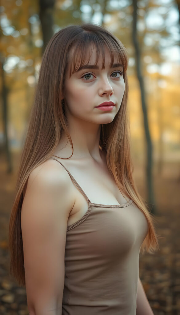 high detailed and realistic (upper body portrait) from a breathtakingly beautiful natural well busty (young girl) her cheerful nature makes you happy, with warm amber eyes and luxuriously thick (light brown detailed long smooth straight hair, bangs), full detailed natural lips, (wears a light brown form-fitting plain tank top that support her perfect body, stands in an autumnal forest), side view
