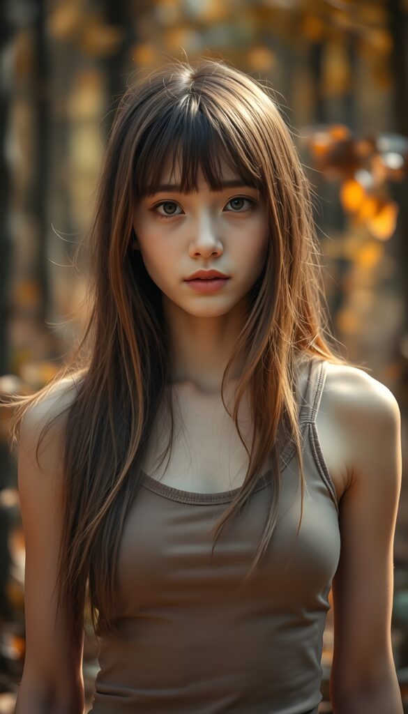 high detailed and realistic (upper body portrait) from a breathtakingly beautiful natural (girl) her cheerful nature makes you happy, with warm amber eyes and luxuriously thick (light brown detailed long smooth straight hair, bangs), full detailed natural lips, (wears a light brown form-fitting plain tank top that support her perfect body, stands in an autumnal forest)