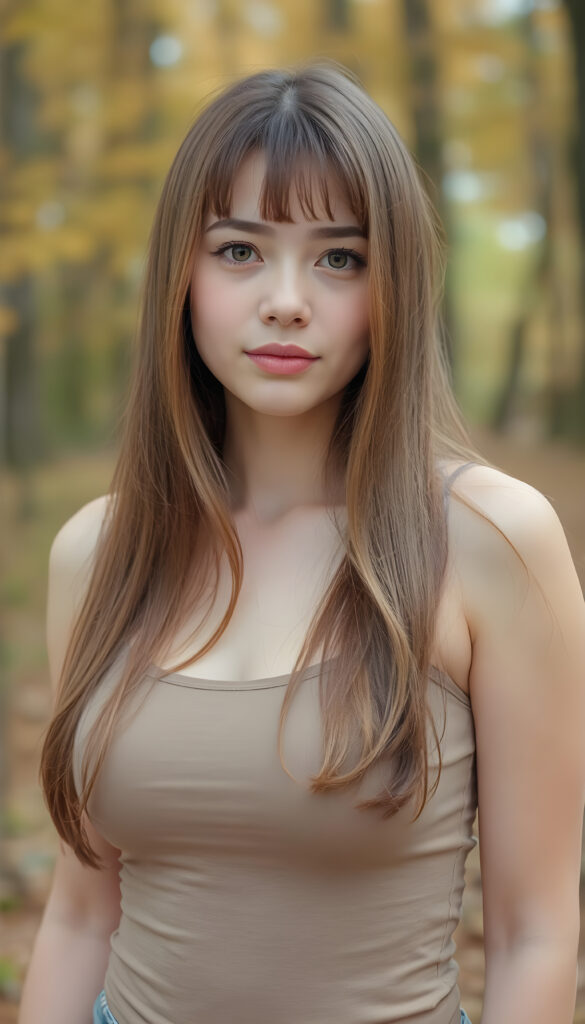 high detailed and realistic (upper body portrait) from a breathtakingly beautiful natural busty (girl) her cheerful nature makes you happy, with warm amber eyes and luxuriously thick (light brown detailed long smooth straight hair, bangs), full detailed natural lips, (wears a light brown form-fitting plain tank top that support her perfect body, stands in an autumnal forest)