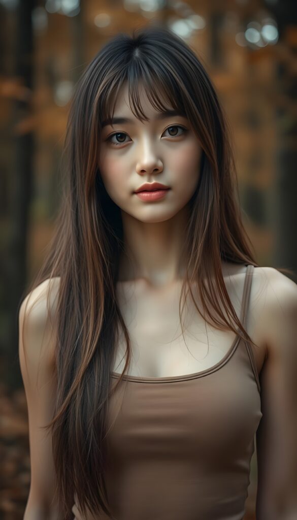 high detailed and realistic (upper body portrait) from a breathtakingly beautiful natural (girl) her cheerful nature makes you happy, with warm amber eyes and luxuriously thick (light brown detailed long smooth straight hair, bangs), full detailed natural lips, (wears a light brown form-fitting plain tank top that support her perfect body, stands in an autumnal forest)