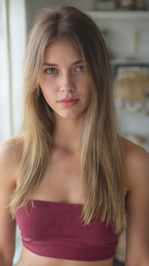 (hyper realistic and detailed photo) a beautiful girl with a flawless face. She has perfect make-up and perfectly made-up eyes. Her lips are red and plump. Her eyes are bright blue. Long, straight and shiny hair falls over her perfect torso. She wears a tight, belly-free cropped tank top that emphasizes her wonderfully shaped body. She also wears short cargo pants.