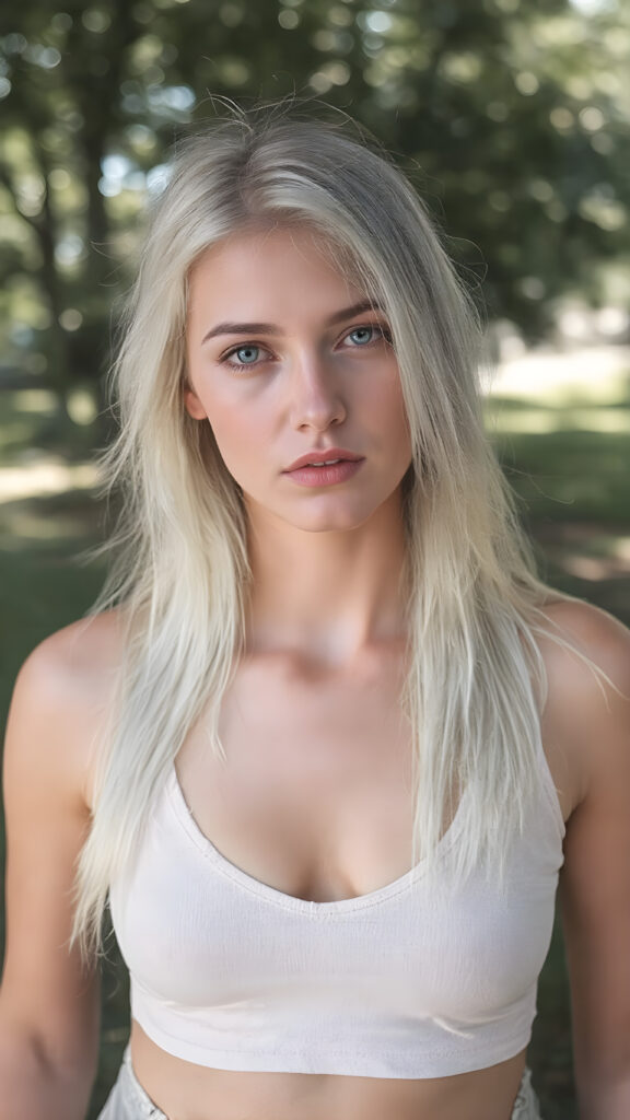 (hyper realistic and detailed photo) a beautiful young teen girl with a flawless face. She has perfect make-up and perfectly made-up eyes. Her lips are red and plump. Her eyes are bright blue. Long, straight and shiny white hair falls over her perfect torso. She wears a tight, belly-free cropped tank top that, deep v-neck, emphasizes her wonderfully shaped body. She also wears short cargo pants, all against a sunny backdrop in the park