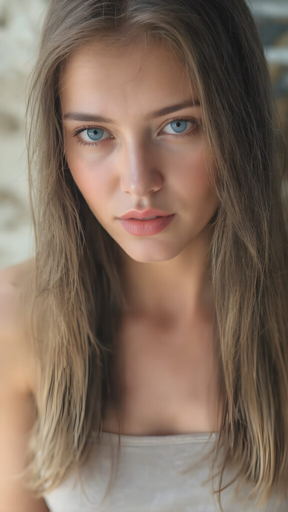 (hyper realistic and detailed photo) a beautiful girl with a flawless face. She has perfect make-up and perfectly made-up eyes. Her lips are red and plump. Her eyes are bright blue. Long, straight and shiny hair falls over her perfect torso. She wears a tight, belly-free cropped tank top that emphasizes her wonderfully shaped body. She also wears short cargo pants.