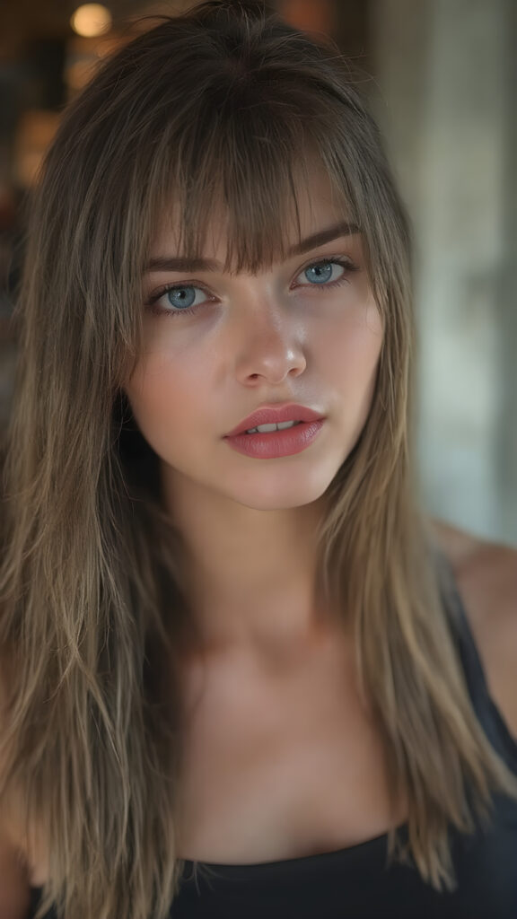 (hyper realistic and detailed photo) a beautiful girl with a flawless face. She has perfect make-up and perfectly made-up eyes. Her lips are red and plump. Her eyes are bright blue. Long, straight and shiny hair falls over her perfect torso. She wears a tight, belly-free cropped tank top that emphasizes her wonderfully shaped body. She also wears short cargo pants.