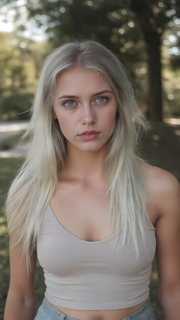 (hyper realistic and detailed photo) a beautiful young teen girl with a flawless face. She has perfect make-up and perfectly made-up eyes. Her lips are red and plump. Her eyes are bright blue. Long, straight and shiny white hair falls over her perfect torso. She wears a tight, belly-free cropped tank top that, deep v-neck, emphasizes her wonderfully shaped body. She also wears short cargo pants, all against a sunny backdrop in the park