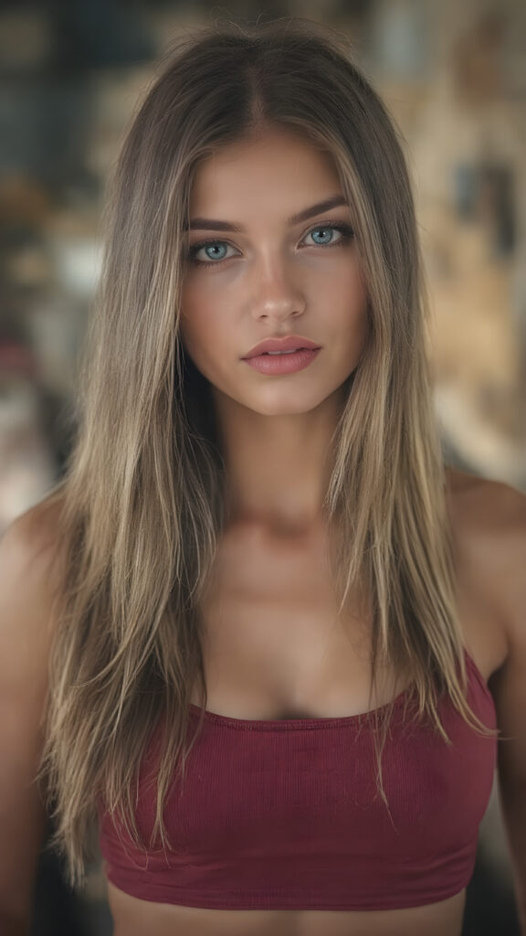 (hyper realistic and detailed photo) a beautiful girl with a flawless face. She has perfect make-up and perfectly made-up eyes. Her lips are red and plump. Her eyes are bright blue. Long, straight and shiny hair falls over her perfect torso. She wears a tight, belly-free cropped tank top that emphasizes her wonderfully shaped body. She also wears short cargo pants.