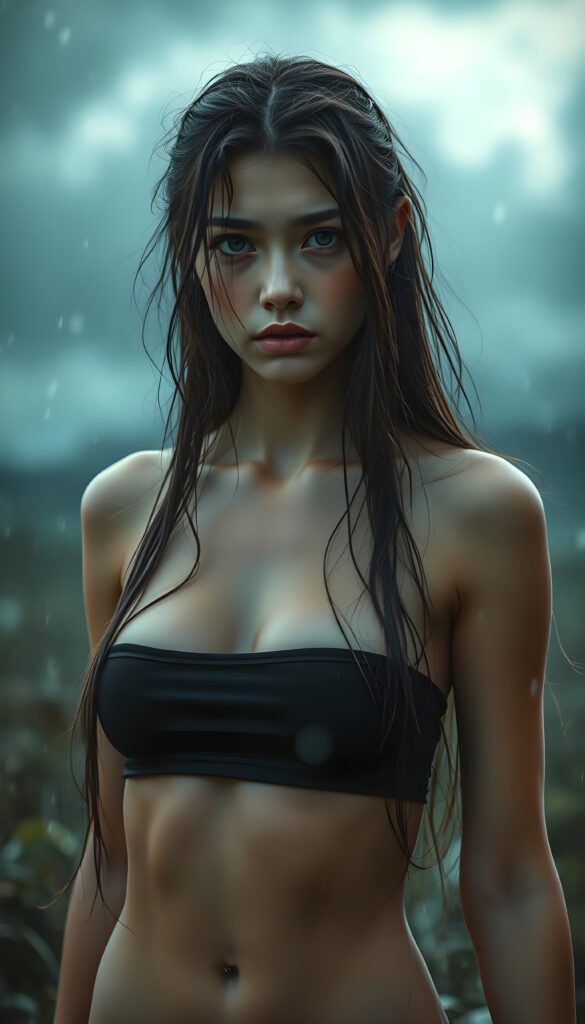 hyper realistic upper body photography of beautiful Exotic teen girl, with detailed shoulder-length full wet soft hair, realistic and detailed eyes, standing in a storm, looking sadly into the camera, wear wet tight black spanned tube top, perfect curved body, dynamic cinematic lights, full body shot, exotic perfect detailed round face, ultra hyper detailed, wet skin