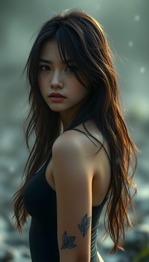 hyper realistic upper body photography of beautiful Exotic teen girl, with detailed shoulder-length full wet soft hair, realistic and detailed eyes, standing in a storm, looking sadly into the camera, wear wet tight black spanned tube top, perfect curved body, dynamic cinematic lights, full body shot, exotic perfect detailed round face, ultra hyper detailed, wet skin
