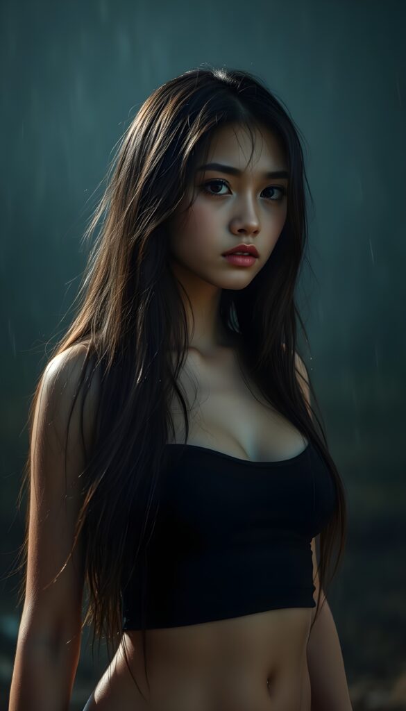 hyper realistic upper body photography of beautiful Exotic teen girl, with detailed shoulder-length full wet soft hair, realistic and detailed eyes, standing in a storm, looking sadly into the camera, wear wet tight black spanned tube top, perfect curved body, dynamic cinematic lights, full body shot, exotic perfect detailed round face, ultra hyper detailed, wet skin