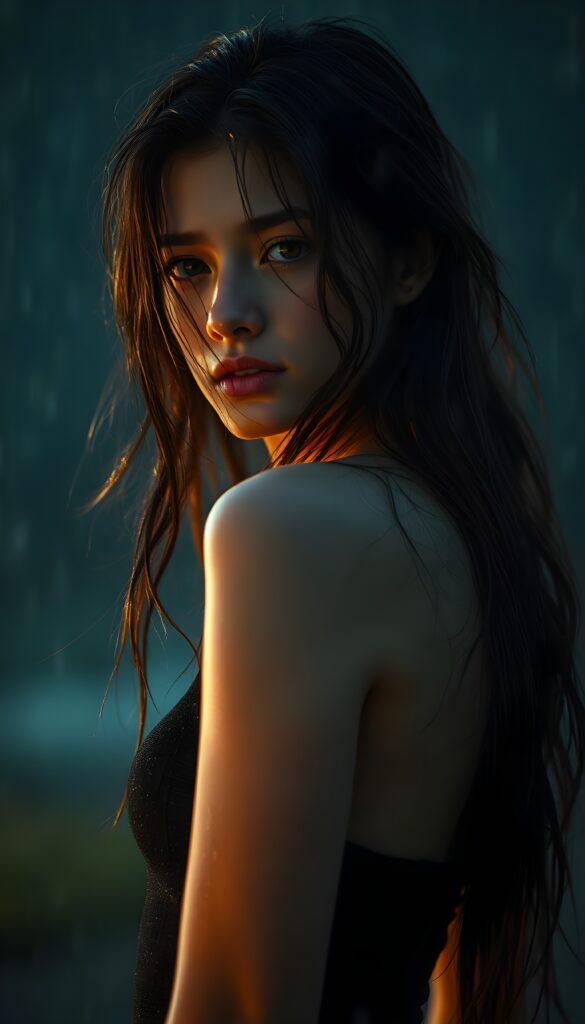hyper realistic upper body photography of beautiful Exotic teen girl, with detailed shoulder-length full wet soft hair, realistic and detailed eyes, standing in a storm, looking sadly into the camera, wear wet tight black spanned tube top, perfect curved body, dynamic cinematic lights, full body shot, exotic perfect detailed round face, ultra hyper detailed, wet skin