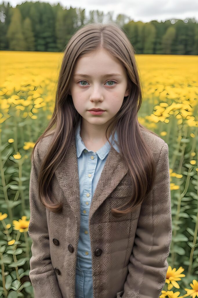 a detailed perfect portrait with pastel colors, young girl, 13 years old, stands in a flower meadow. She wears a ((checkered coat in brown and grey)) and black shirt, she look at the viewer, detailed shiny straight brown hair, blue eyes, round detailed face