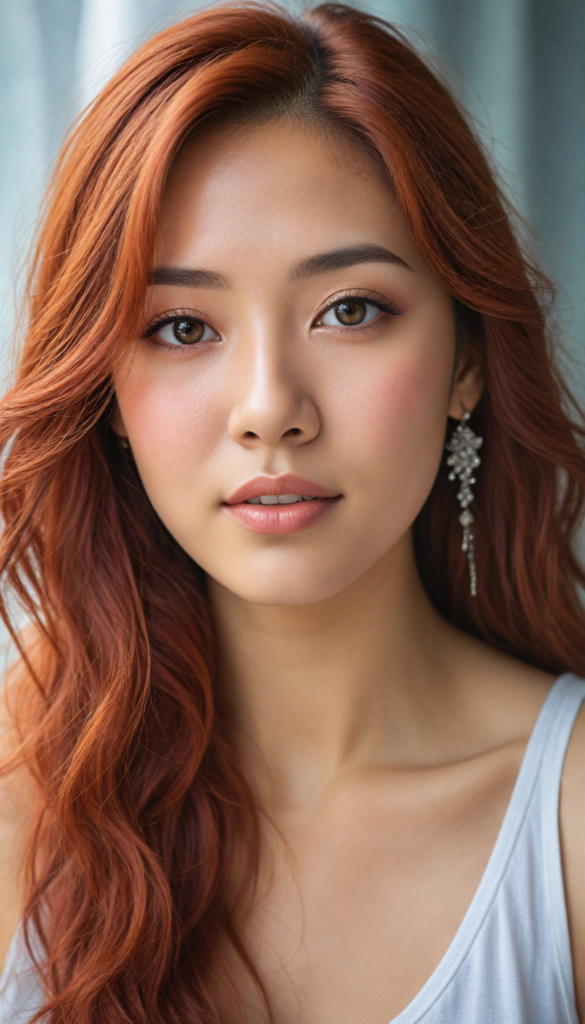 hyper-realistic, intricately detailed portrait of a stunning young Asian woman with flowing, soft red hair cascading down her shoulders, caught in an ethereal glow. Her enchanting round eyes sparkle with depth and emotion, inviting the viewer into her world. She wears a delicate, flowing white tank top that hints at elegance, accessorized with shimmering silver earrings. The background features a dreamlike bokeh of soft pastel colors, blending seamlessly to enhance her beauty, with hints of floral motifs echoing a whimsical fairytale vibe. The lighting is warm and inviting, casting gentle shadows that accentuate her features, creating a sense of serenity and charm.