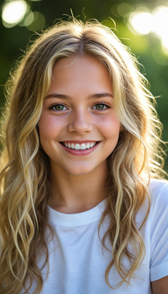 a detailed and realistic portrait from a young girl, long summer blond wavy hair, realistic and detailed dark eyes, full lips, white t-shirt, smile, white teeth, against a sunny green backdrop