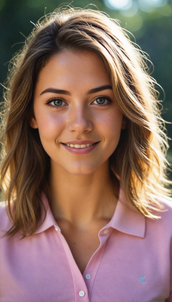 a (cute) (detailed and realistic) (young adult) (female) with long, flowing, voluminous, dark brown hair featuring blonde highlights, large, detailed and matching eyes, wearing a (thin form-fitting plain pink polo shirt), (tanned skin), (gorgeous), (stunning), (model), (smiling), (looking into the camera), (wearing only skin), (completely covered), (alluring pose), (sunlight catching her hair), (face illuminated), (looking into the camera)