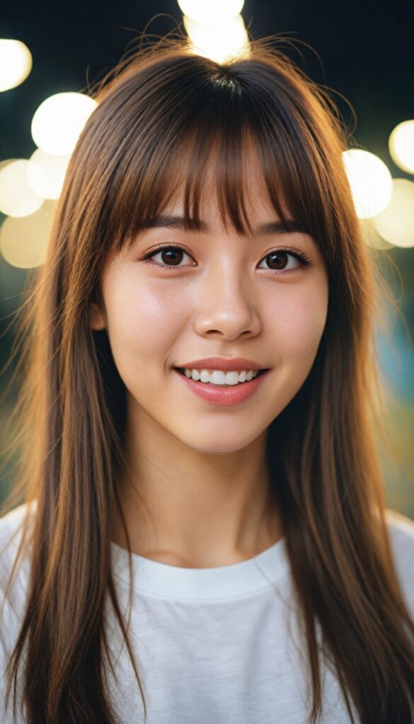 a portrait of (cute) Asia teen girl (long, straight light brown hair, bangs), (stunning), beautifully realistic, cinematic lights, realistic detailed angelic round face, (realistic detailed amber eye) looks happy at the camera, perfect curved body, (wears a super short tight (white t-shirt)), perfect anatomy, side perspective