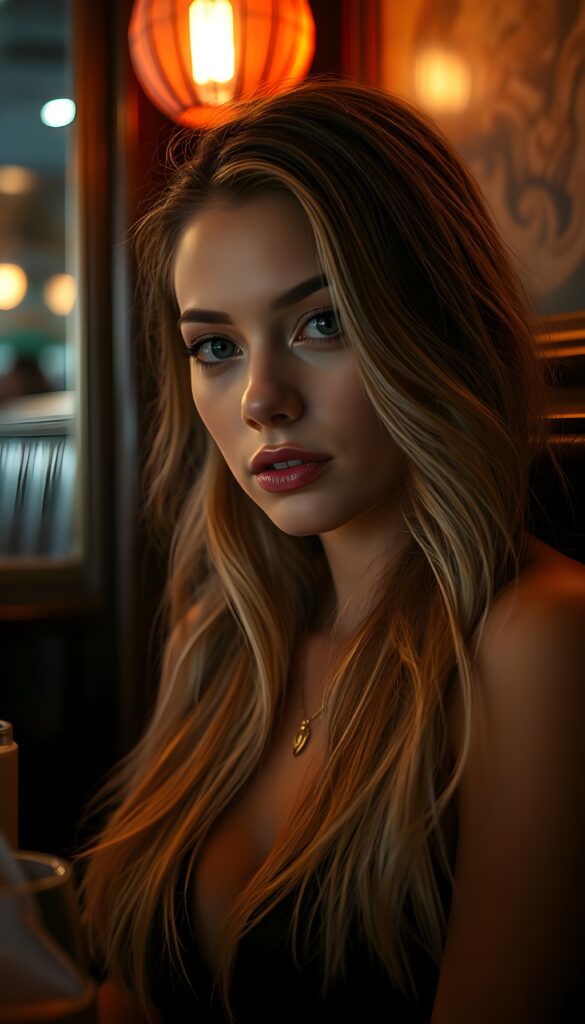 in a restaurant booth, under the influence of a pomcrush, the lights shone in her eyes, genuine golden strands of hair, a silver sheath revealed maturity, revealing the true woman beneath a young vibrant person