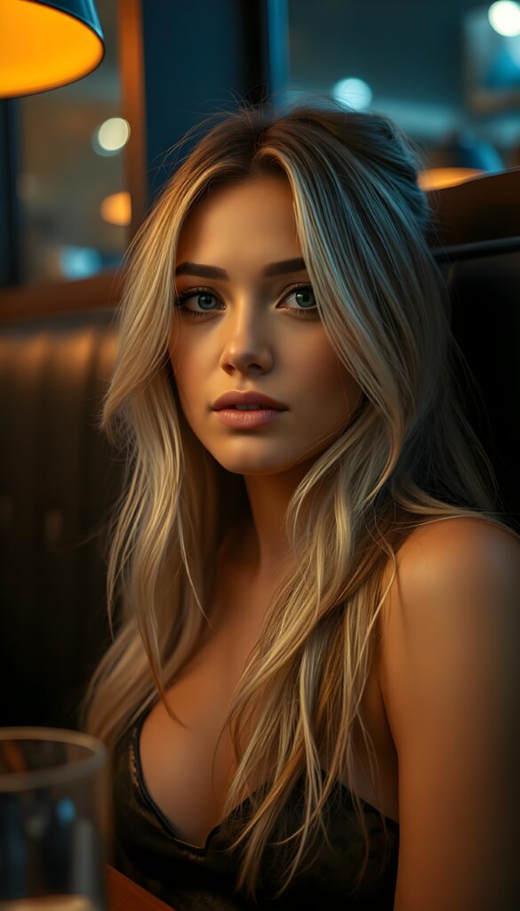 in a restaurant booth, under the influence of a pomcrush, the lights shone in her eyes, genuine golden strands of hair, a silver sheath revealed maturity, revealing the true woman beneath a young vibrant person