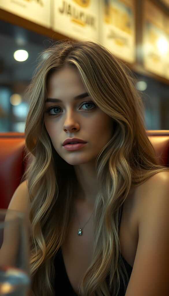 in a restaurant booth, under the influence of a pomcrush, the lights shone in her eyes, genuine golden strands of hair, a silver sheath revealed maturity, revealing the true woman beneath a young vibrant person