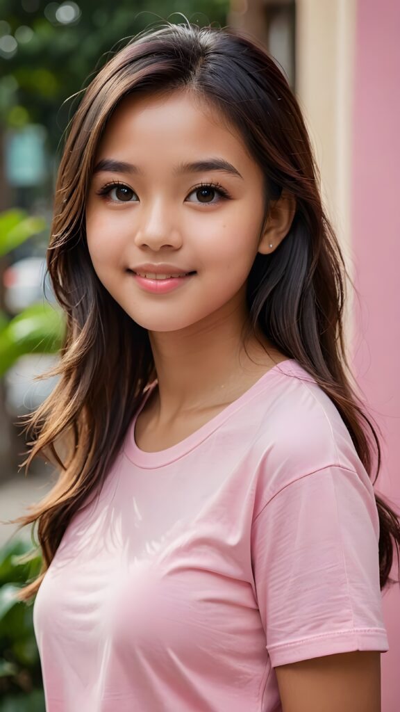 a stunning portrait (((ultra realistic professional photograph))) ((cute)) ((gorgeous)) excellently capturing an amiable, young Indonesian teen girl, straight jet long hair, round face, full lips, smile, side view, ((pink no printed t-shirt))