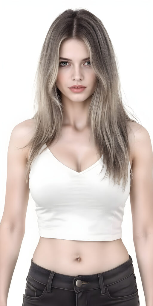 I am a well busty woman in the beautiful female perfect curved body of a young girl, full body photo, I wear a short cropped white plain short tank top deep v-neck, low cut, short dark denim jeans pants, you can see my cute belly button, I have long, straight silky blond and brown hair, realistic