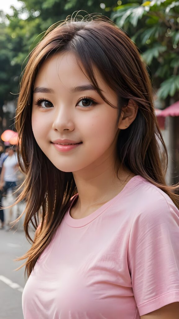 a stunning portrait (((ultra realistic professional photograph))) ((cute)) ((gorgeous)) excellently capturing an amiable, young Japanese teen girl, straight jet long hair, round face, full lips, smile, side view, ((pink no printed t-shirt))