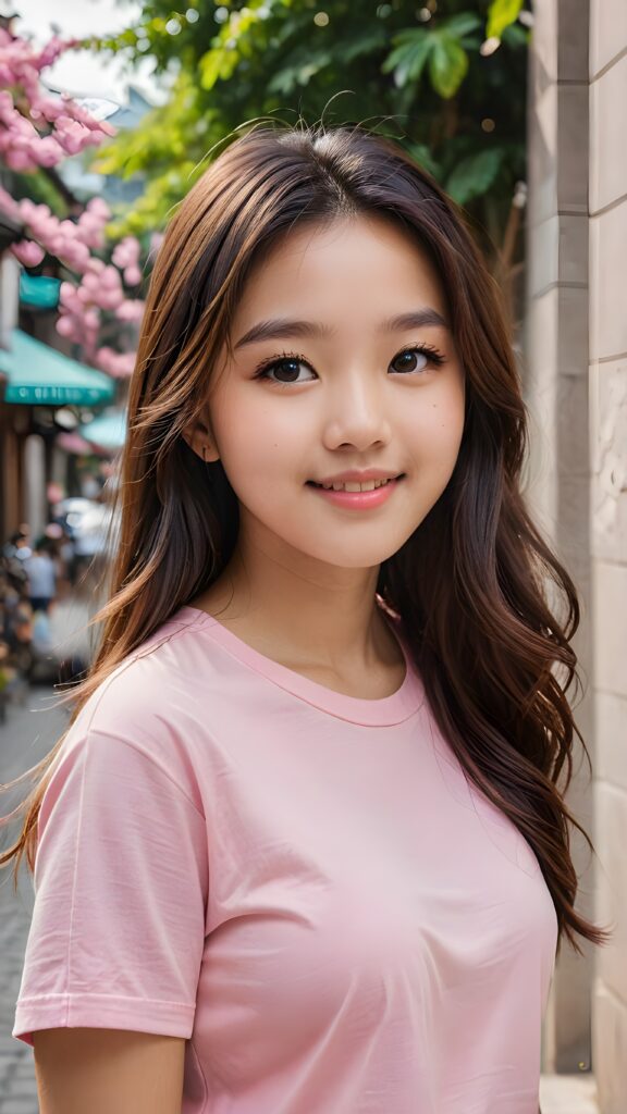 a stunning portrait (((ultra realistic professional photograph))) ((cute)) ((gorgeous)) excellently capturing an amiable, young Korean teen girl, straight jet long hair, round face, full lips, smile, side view, ((pink no printed t-shirt))