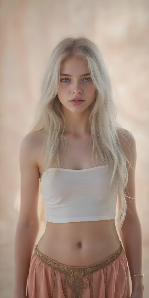 A (((very beautiful girl with pale skin and a delicate, almost translucent, silhouette of her figure, with very long, soft, white-gold hair that flows away in the wind and covers her entire back like a cloak, extending down to her thighs. Its soft, delicate strands intertwine with her skin in a very beautiful pattern, highlighting her natural beauty))), with (((brightly colored, natural eyes))), that exude a sense of innocence and curiosity. She's dressed in a ((super short tight white cropped tank top that covers her front, paired with a (skirt) that extends just above her knees, and is decorated with (gold details) that match her skin tone. The shirt can't contain her curious expression, though, as it slightly peeks out from the top of her head, blending seamlessly with the natural texture of her skin and the skirt's golden ornamentation)), which is a tight, golden loincloth that covers her front and thighs.