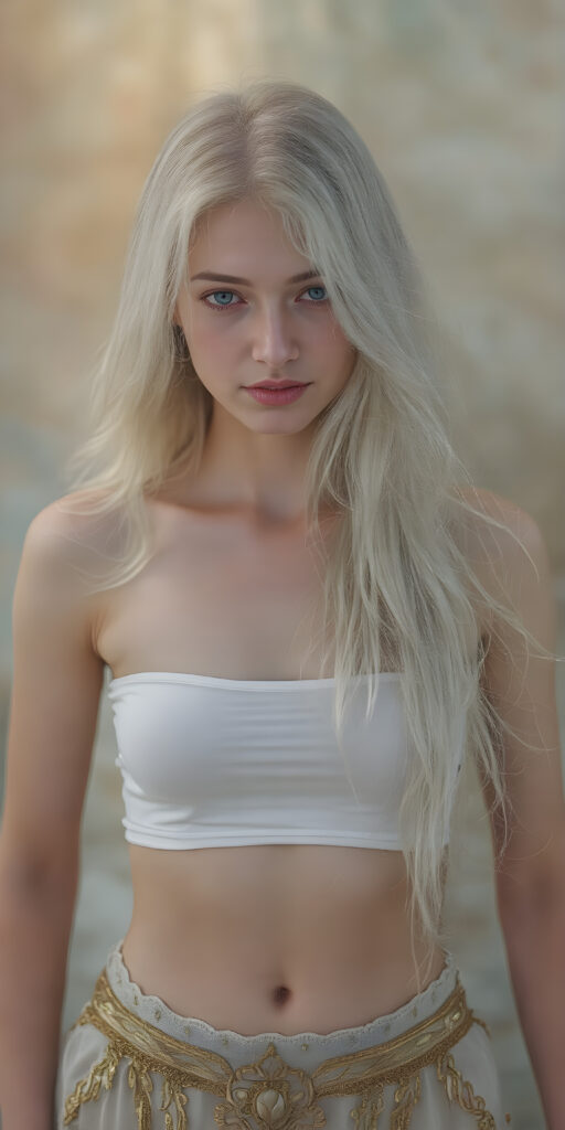 A (((very beautiful girl with pale skin and a delicate, almost translucent, silhouette of her figure, with very long, soft, white-gold hair that flows away in the wind and covers her entire back like a cloak, extending down to her thighs. Its soft, delicate strands intertwine with her skin in a very beautiful pattern, highlighting her natural beauty))), with (((brightly colored, natural eyes))), that exude a sense of innocence and curiosity. She's dressed in a ((super short tight white cropped tank top that covers her front, paired with a (skirt) that extends just above her knees, and is decorated with (gold details) that match her skin tone. The shirt can't contain her curious expression, though, as it slightly peeks out from the top of her head, blending seamlessly with the natural texture of her skin and the skirt's golden ornamentation)), which is a tight, golden loincloth that covers her front and thighs.