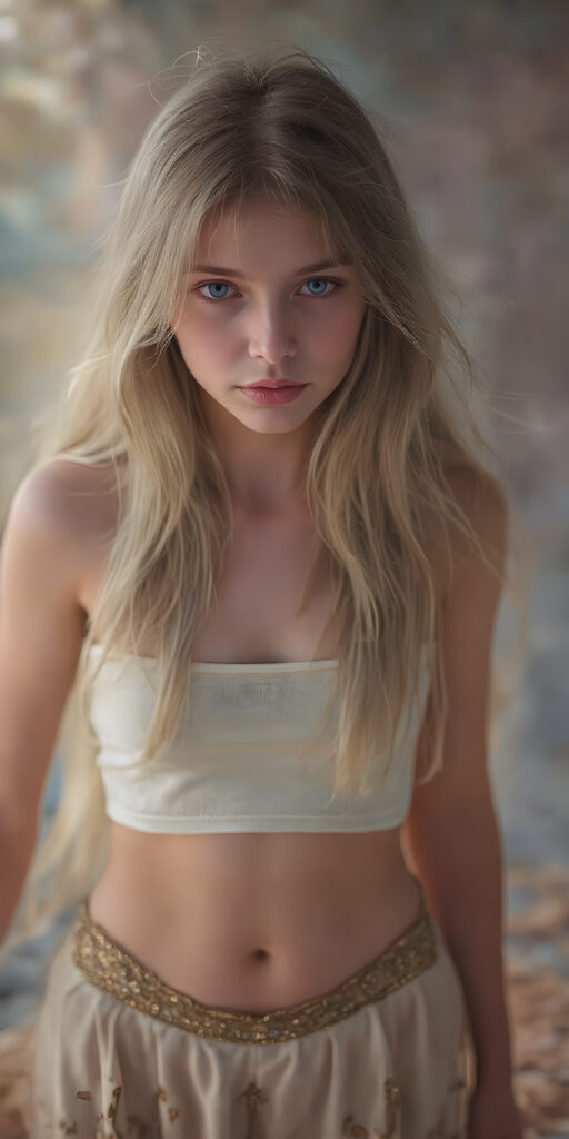 A (((very beautiful girl with pale skin and a delicate, almost translucent, silhouette of her figure, with very long, soft, white-gold hair that flows away in the wind and covers her entire back like a cloak, extending down to her thighs. Its soft, delicate strands intertwine with her skin in a very beautiful pattern, highlighting her natural beauty))), with (((brightly colored, natural eyes))), that exude a sense of innocence and curiosity. She's dressed in a ((super short tight white cropped tank top that covers her front, paired with a (skirt) that extends just above her knees, and is decorated with (gold details) that match her skin tone. The shirt can't contain her curious expression, though, as it slightly peeks out from the top of her head, blending seamlessly with the natural texture of her skin and the skirt's golden ornamentation)), which is a tight, golden loincloth that covers her front and thighs.