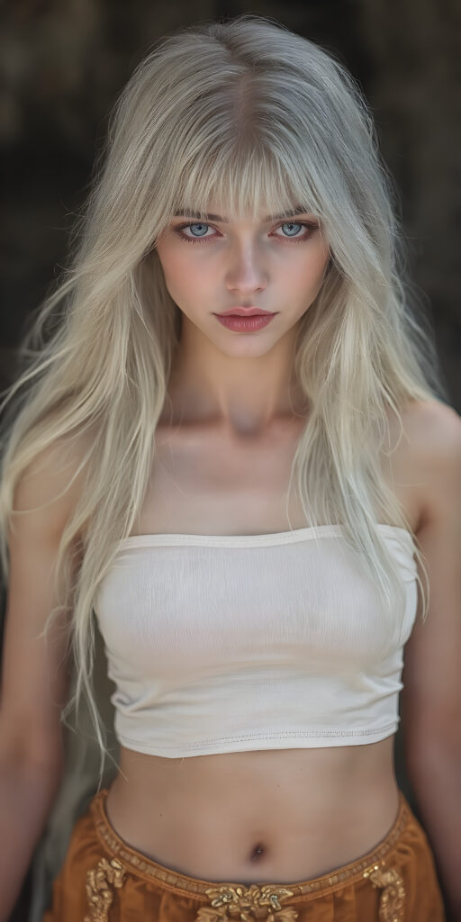 A (((very beautiful girl with pale skin and a delicate, almost translucent, silhouette of her figure, with very long, soft, white-gold hair that flows away in the wind and covers her entire back like a cloak, extending down to her thighs. Its soft, delicate strands intertwine with her skin in a very beautiful pattern, highlighting her natural beauty))), with (((brightly colored, natural eyes))), that exude a sense of innocence and curiosity. She's dressed in a ((super short tight white cropped tank top that covers her front, paired with a (skirt) that extends just above her knees, and is decorated with (gold details) that match her skin tone. The shirt can't contain her curious expression, though, as it slightly peeks out from the top of her head, blending seamlessly with the natural texture of her skin and the skirt's golden ornamentation)), which is a tight, golden loincloth that covers her front and thighs.