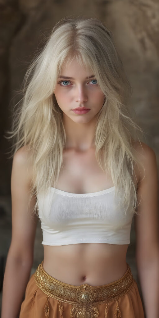 A (((very beautiful girl with pale skin and a delicate, almost translucent, silhouette of her figure, with very long, soft, white-gold hair that flows away in the wind and covers her entire back like a cloak, extending down to her thighs. Its soft, delicate strands intertwine with her skin in a very beautiful pattern, highlighting her natural beauty))), with (((brightly colored, natural eyes))), that exude a sense of innocence and curiosity. She's dressed in a ((super short tight white cropped tank top that covers her front, paired with a (skirt) that extends just above her knees, and is decorated with (gold details) that match her skin tone. The shirt can't contain her curious expression, though, as it slightly peeks out from the top of her head, blending seamlessly with the natural texture of her skin and the skirt's golden ornamentation)), which is a tight, golden loincloth that covers her front and thighs.