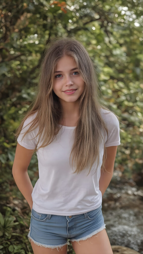 A (((vivid full body))) photo of an incredibly attractive, (((stunning cute teen girl))) with long, flowing silky brown and golden hair and (fit, toned legs), dressed in a very thin tight (white T-shirt) and (tattered denim shorts) that cling to her body. Her smile is warm and inviting. She’s posed against a backdrop of a lush, vivid city park