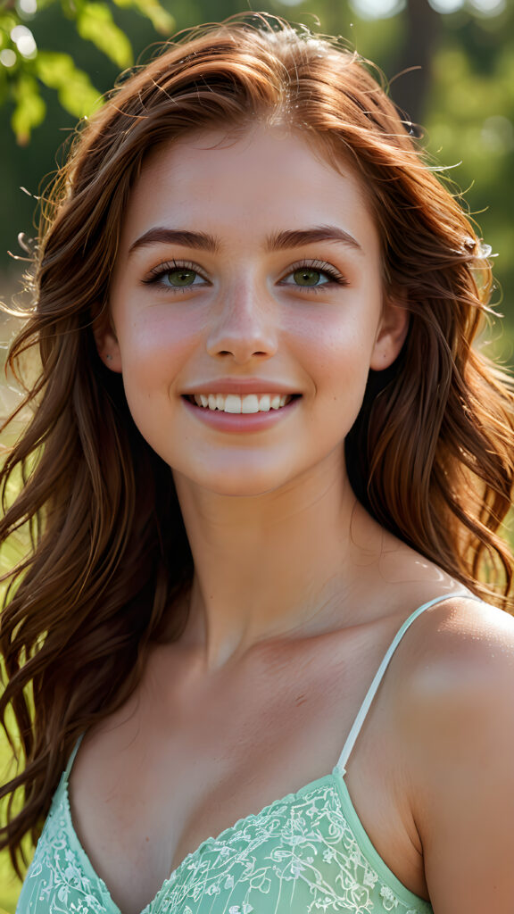 note: the above picture is a full body picture of a beautiful, very fit, slender, curvy, petite teen girl. She has auburn-brown hair moved by the wind, a slight natural but sad smile, detailed, hyper realistic, and matching green eyes. She also has perfect white teeth, with a warm light. (((4k, ultra high definition, intricate details)))