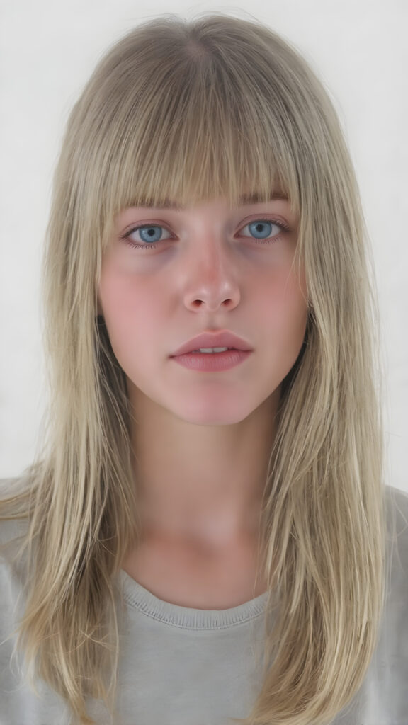 ((oil pastel drawn)) super realistic detailed, young teen girl, long straight blond and light brown hair, bangs, cute, stunning, gorgeous, ((full body, wears a light grey thin cropped t-shirt)), slightly open mouth, withe teeth