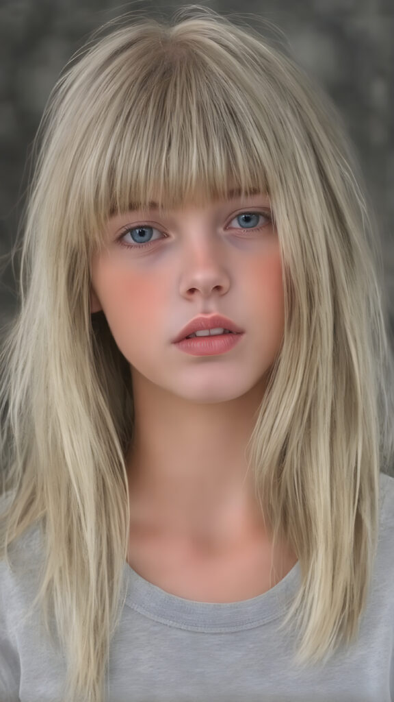 ((oil pastel drawn)) super realistic detailed, young teen girl, long straight blond and light brown hair, bangs, cute, stunning, gorgeous, ((full body, wears a light grey thin cropped t-shirt)), slightly open mouth, withe teeth