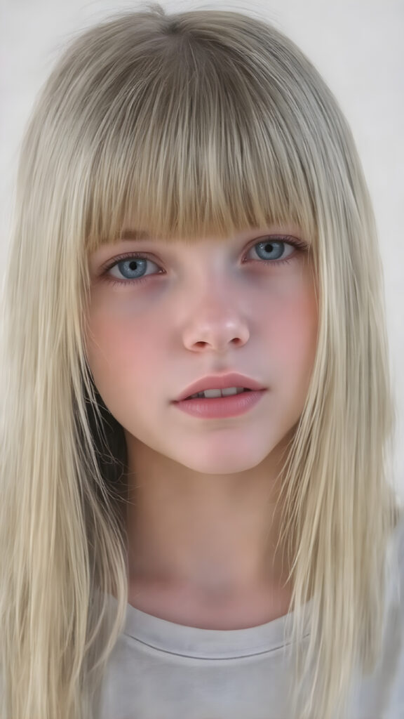 ((oil pastel drawn)) super realistic detailed, young teen girl, long straight blond and light brown hair, bangs, cute, stunning, gorgeous, ((full body, wears a light grey thin cropped t-shirt)), slightly open mouth, withe teeth