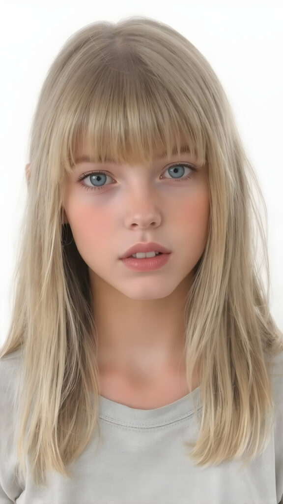 ((oil pastel drawn)) super realistic detailed, young teen girl, long straight blond and light brown hair, bangs, cute, stunning, gorgeous, ((full body, wears a light grey thin cropped t-shirt)), slightly open mouth, withe teeth