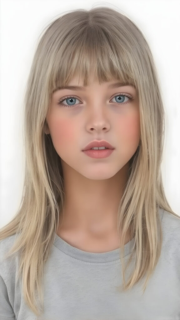 ((oil pastel drawn)) super realistic detailed, young teen girl, long straight blond and light brown hair, bangs, cute, stunning, gorgeous, ((full body, wears a light grey thin cropped t-shirt)), slightly open mouth, withe teeth