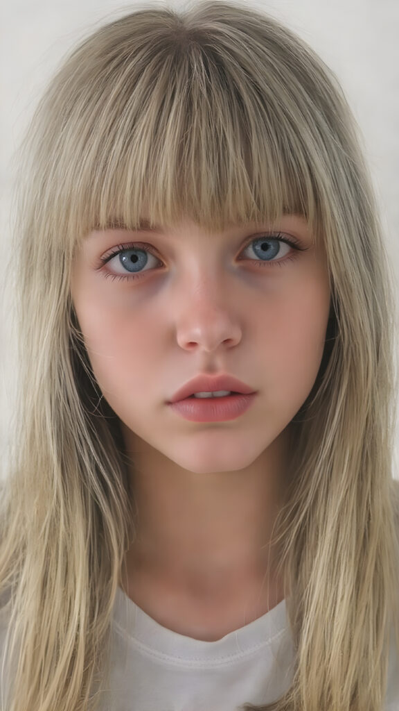 ((oil pastel drawn)) super realistic detailed, young teen girl, long straight blond and light brown hair, bangs, cute, stunning, gorgeous, ((full body, wears a light grey thin cropped t-shirt)), slightly open mouth, withe teeth