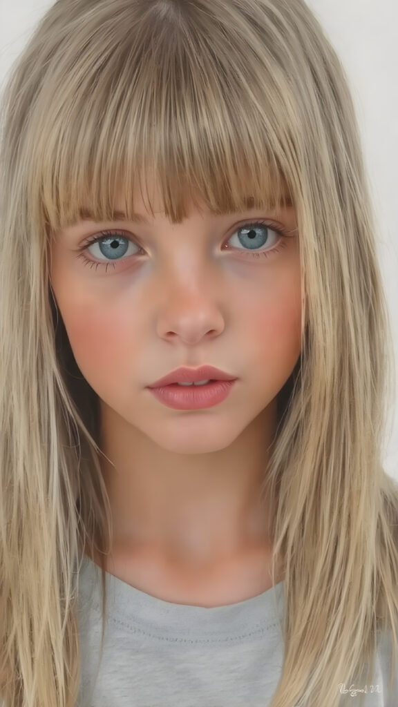 ((oil pastel drawn)) super realistic detailed, young teen girl, long straight blond and light brown hair, bangs, cute, stunning, gorgeous, ((full body, wears a light grey thin cropped t-shirt)), slightly open mouth, withe teeth
