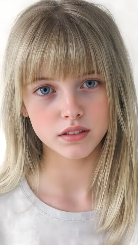 ((oil pastel drawn)) super realistic detailed, young teen girl, long straight blond and light brown hair, bangs, cute, stunning, gorgeous, ((full body, wears a light grey thin cropped t-shirt)), slightly open mouth, withe teeth